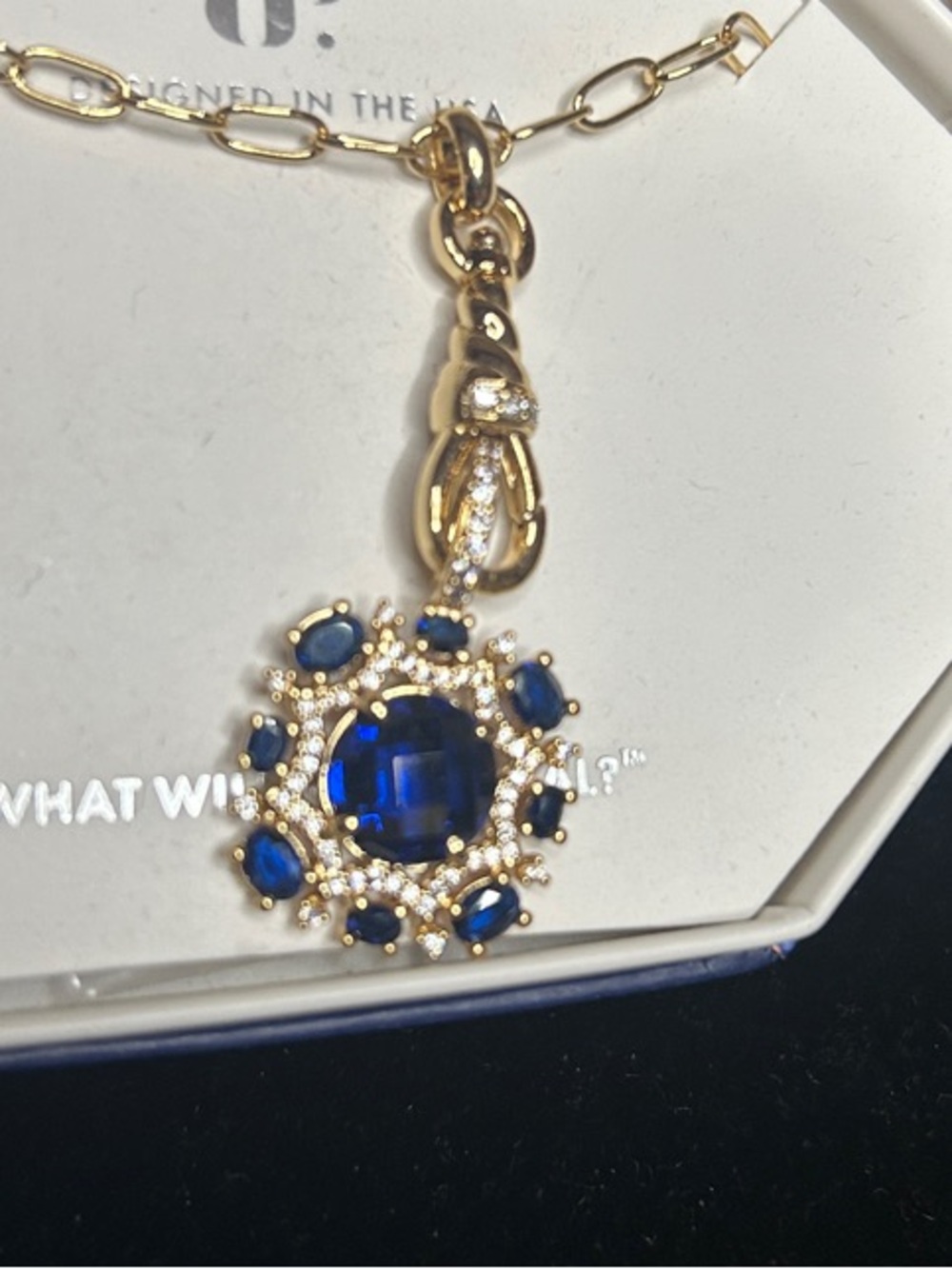 Gold Tone Necklace with Deep Blue Cluster Pendant - September Birthstone!